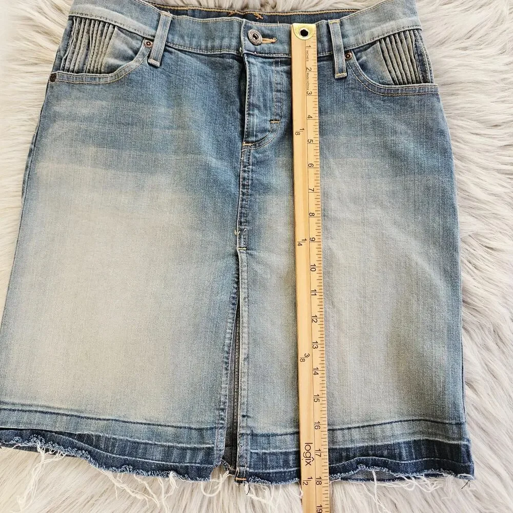 Y2K Lee Denim Skirt Juniors 3 Frayed Hem Button Pockets Stretch Slit Front